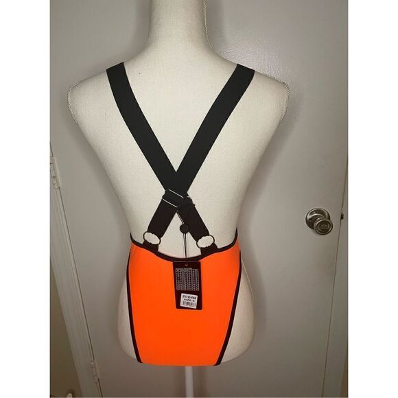 NWT One Piece Plunge Neck Swimsuit Size S Orange Mesh Pool Vacation Beach Sexy - Picture 3 of 11